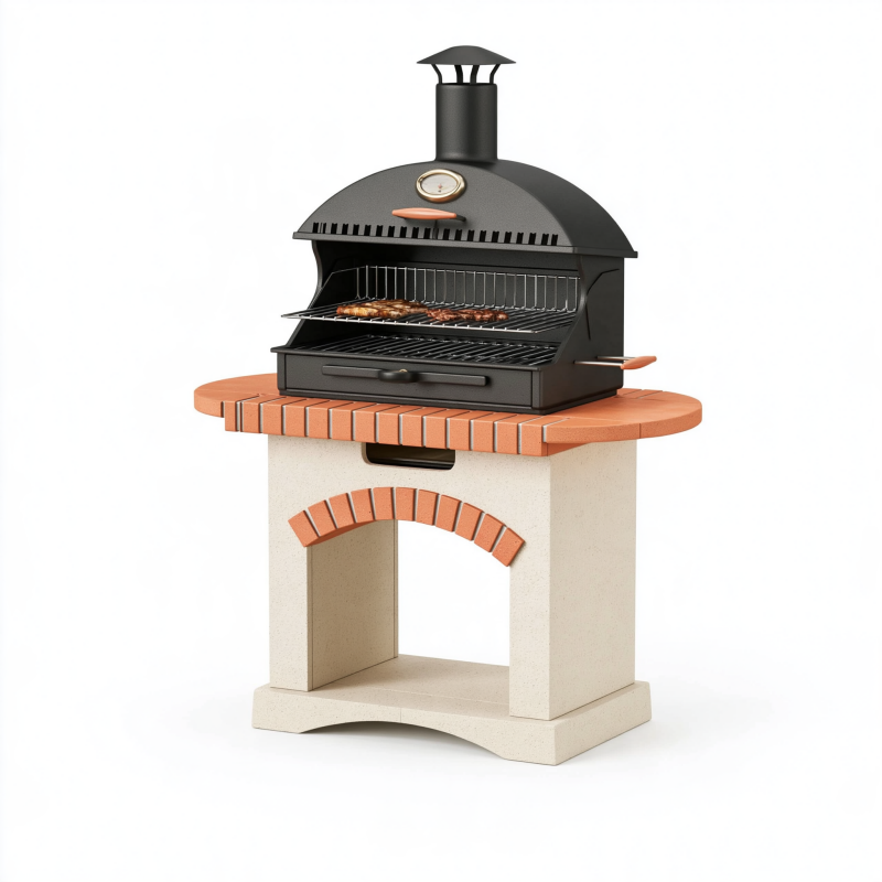 Barbecue de jardin 110 x 70 x 170 cm en acier noir avec socle minéral à cheminée