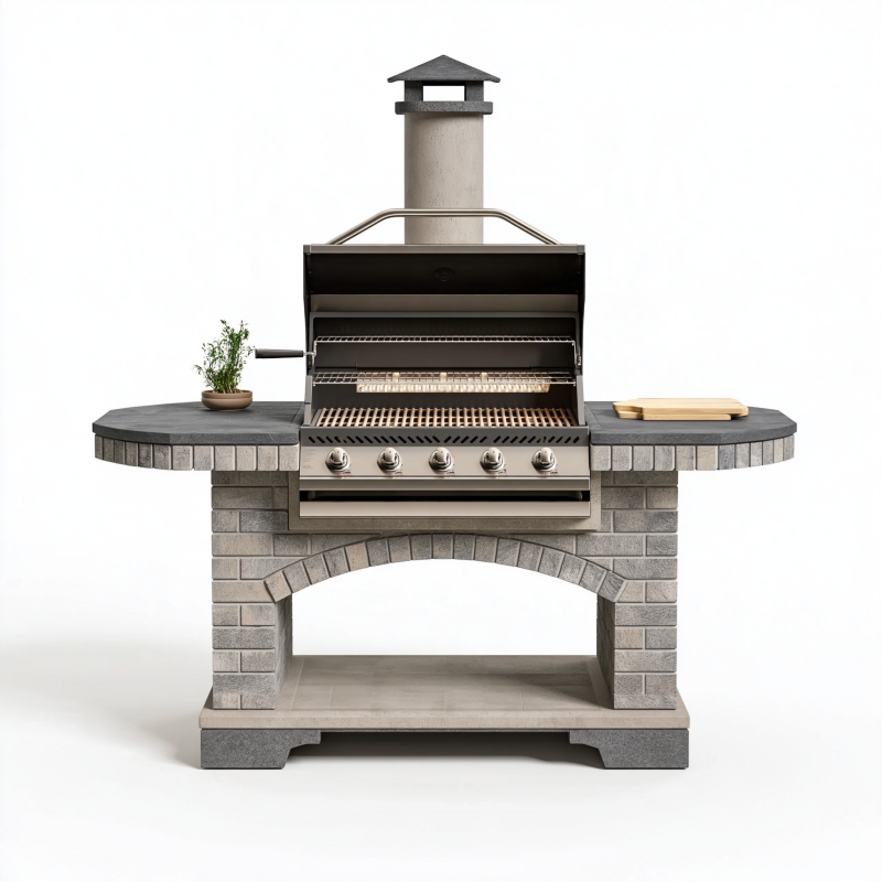 Barbecue de jardin 180 x 75 x 220 cm en acier inoxydable et pierre gris anthracite avec cheminée