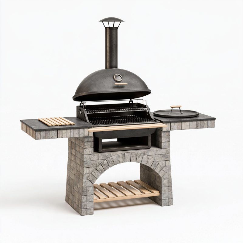 Barbecue de jardin 180 x 75 x 220 cm en acier et pierre gris anthracite avec cheminée