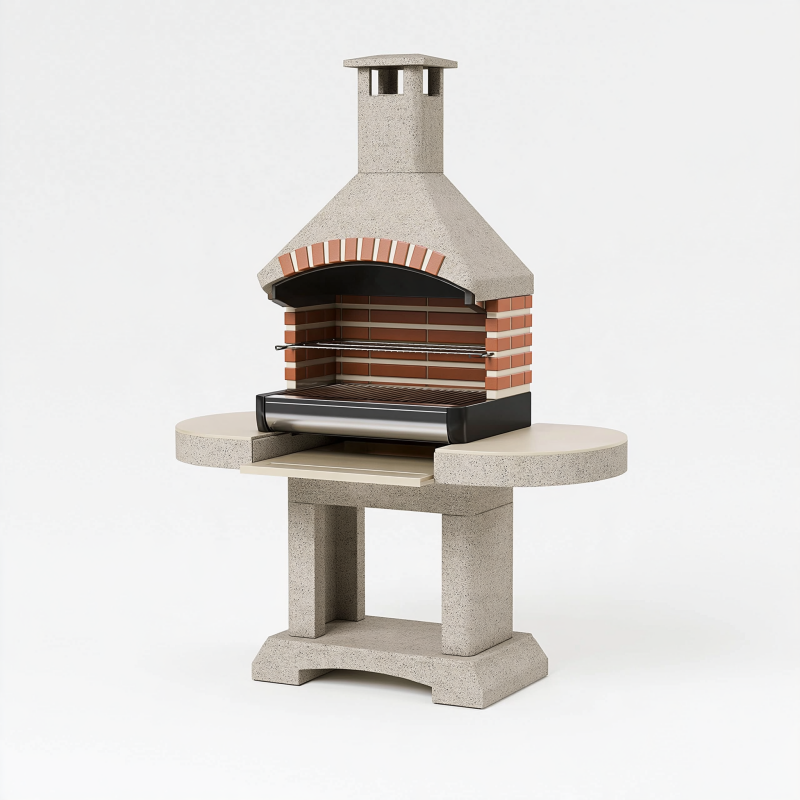 Barbecue de jardin 120 x 65 x 210 cm en béton et brique beige terracotta avec grille et cheminée