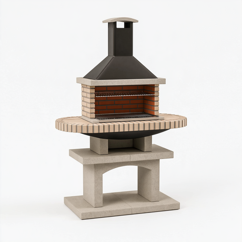 Barbecue de jardin 150 x 90 x 220 cm en acier et pierre beige noir avec hotte style traditionnel