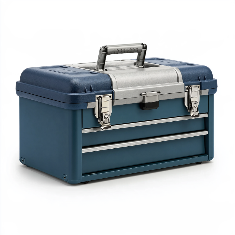 Coffre à outils 50 x 25 x 28 cm en plastique bleu argenté portable à fermetures métalliques