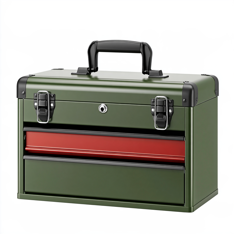 Boîte à outils 50 x 25 x 30 cm en acier vert avec tiroir et poignée de transport