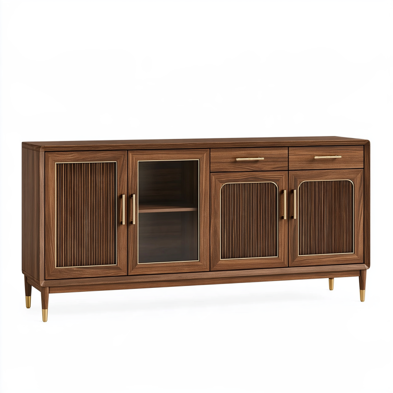 Buffet 160 x 40 x 85 cm en bois brun avec vitrine et rangement style rétro
