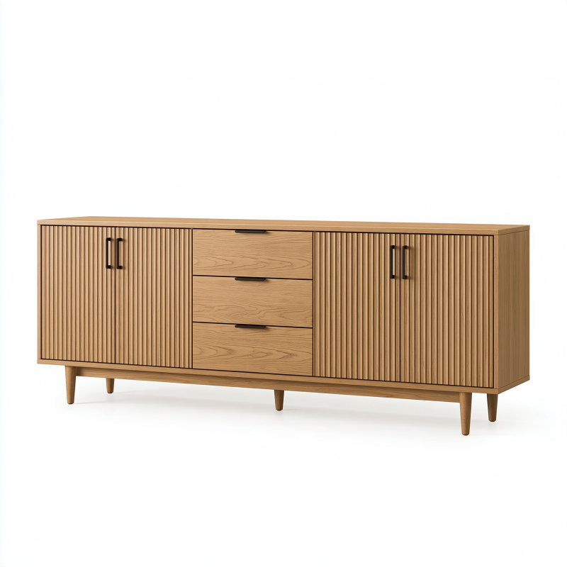 Buffet 180 x 45 x 80 cm en bois chêne naturel à portes rainurées style scandinave