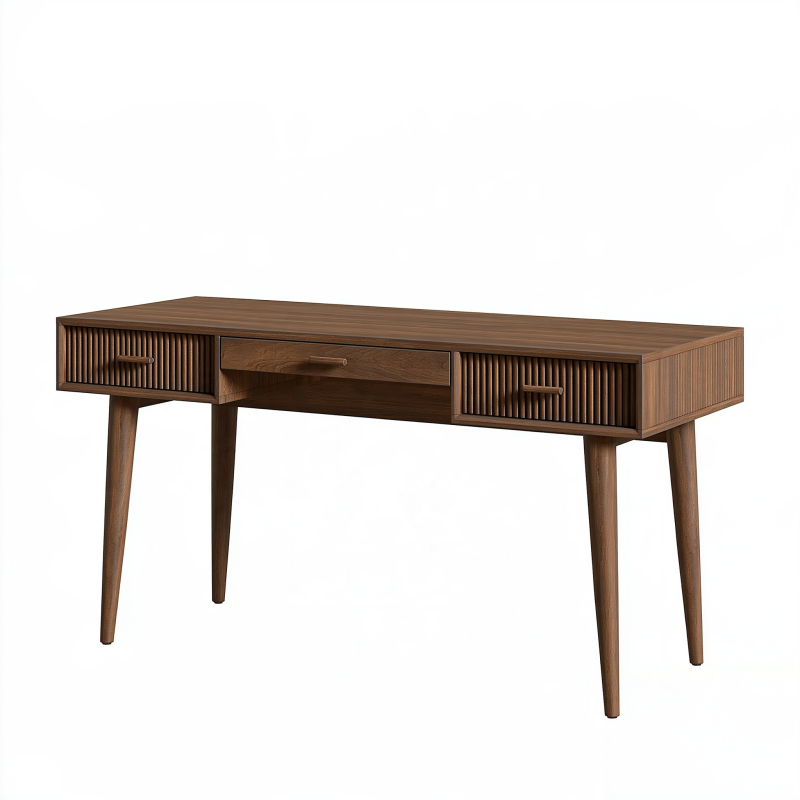 Bureau 160 cm en bois brun noyer avec 3 tiroirs style rétro