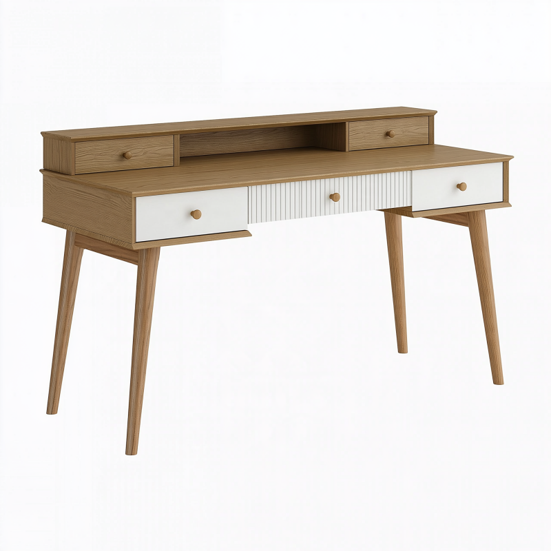 Bureau 120 x 60 x 90 cm en panneaux décor bois chêne et blanc avec 5 tiroirs style scandinave