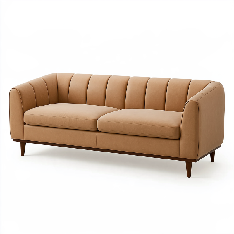 Canapé droit 3 places 210 cm en revêtement aspect cuir camel style rétro pieds en bois