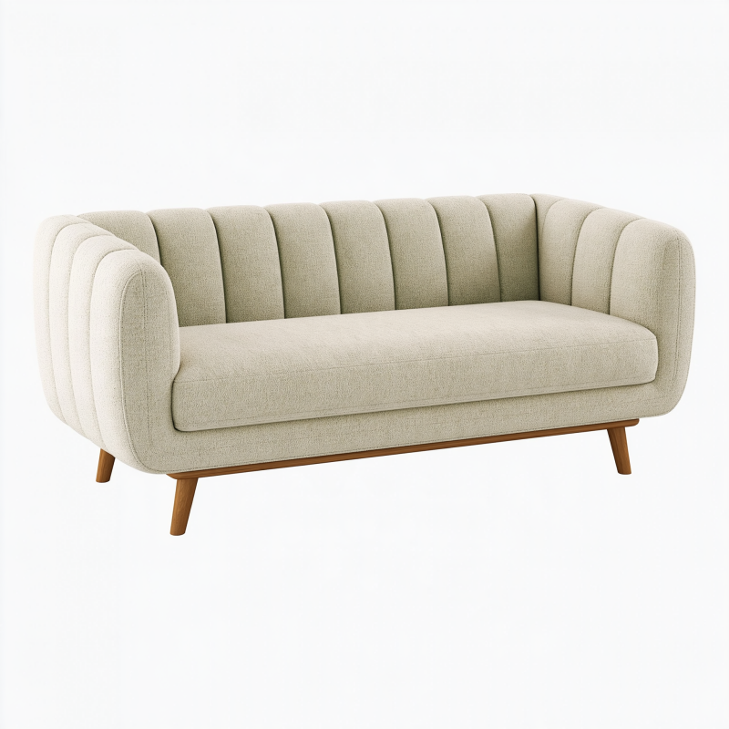 Canapé 2 places 170 x 85 x 78 cm en tissu bouclette crème style rétro avec pieds en bois