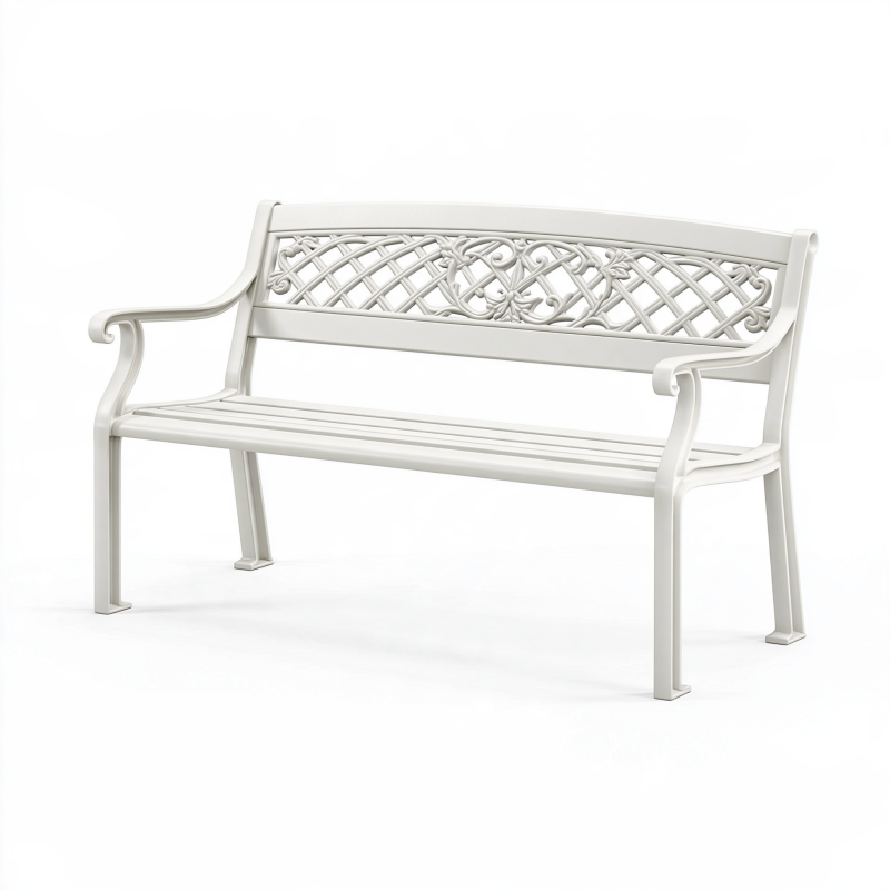 Banc de jardin 150 cm en métal blanc à dossier ajouré style classique