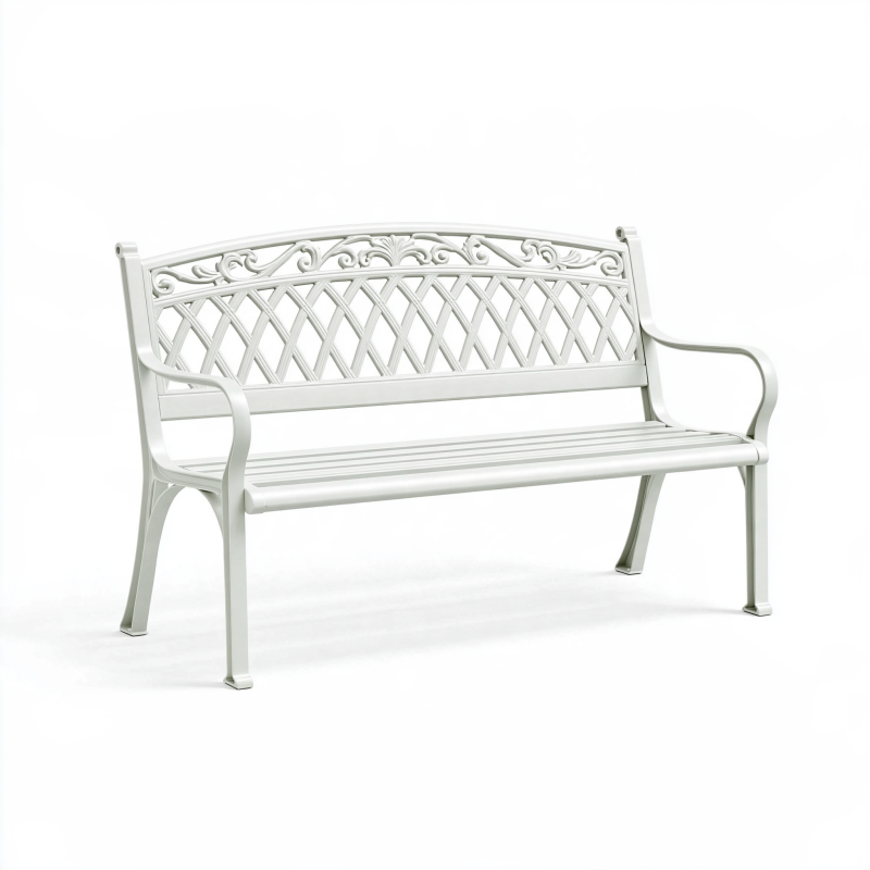 Banc de jardin 120 cm en métal blanc à dossier ajouré décoratif